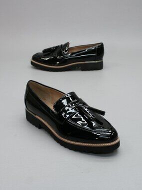 Franco Sarto Ladies 8.5 Wide Carolynn Black Patent Tassels Lug-sole Shoe Loafers